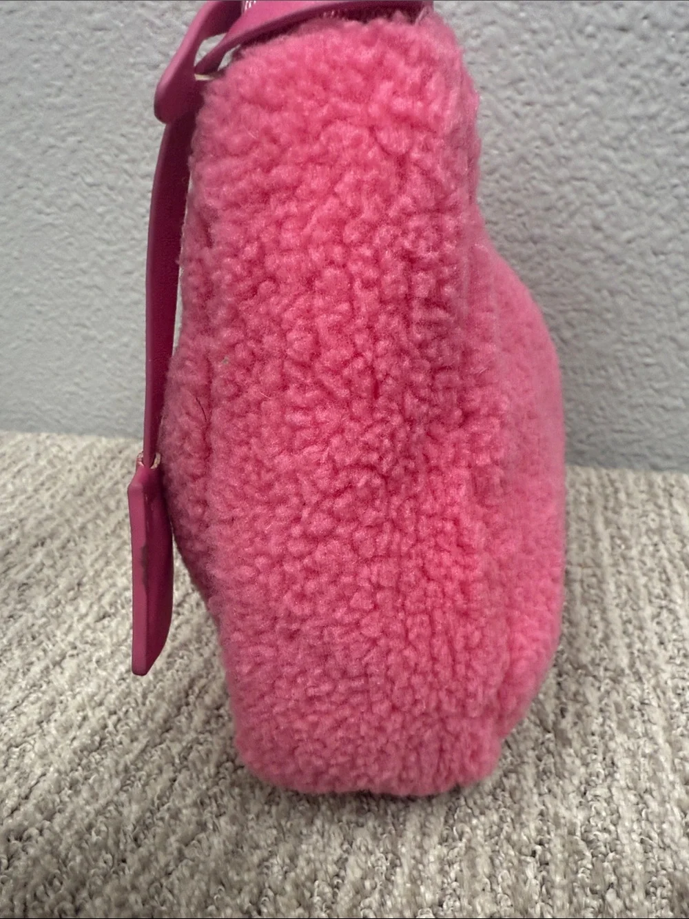 Source Unknown Bright Pink Shearling Shoulder Bag with Black Logo
